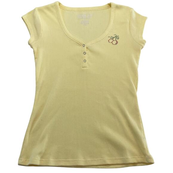 Fashion Bug Tops - VTG Y2K Fashion Bug Butter Yellow Babydoll Tee with Rhinestone Cherries, Size S